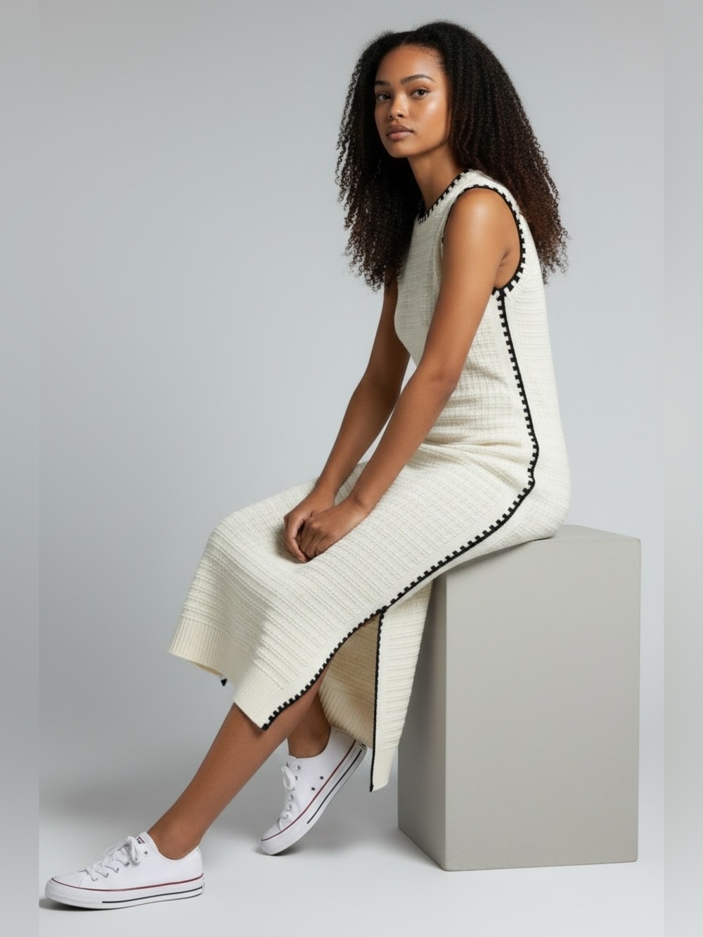 Cupshe Cream Sleeveless Knit Midi Dress with Black Trim